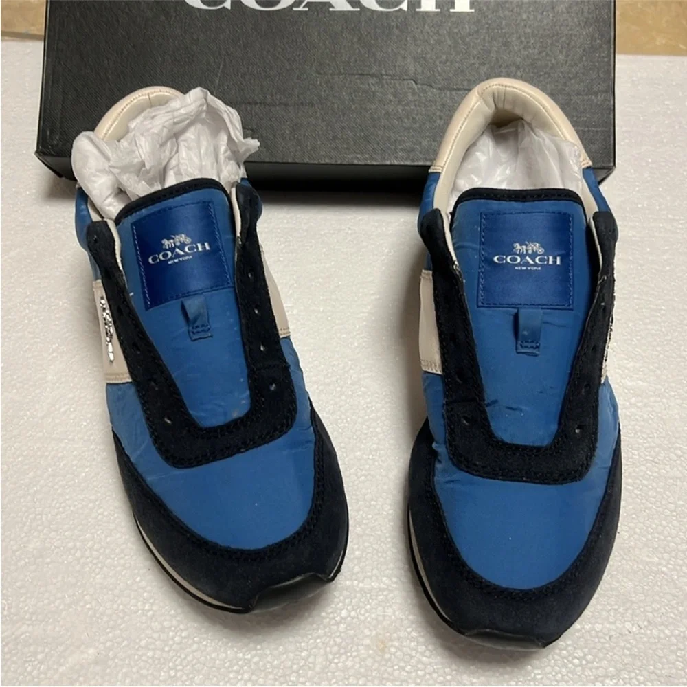 🆕 Coach leather logo trainer Blue and White Sneakers no shoelaces - Picture 2 of 10